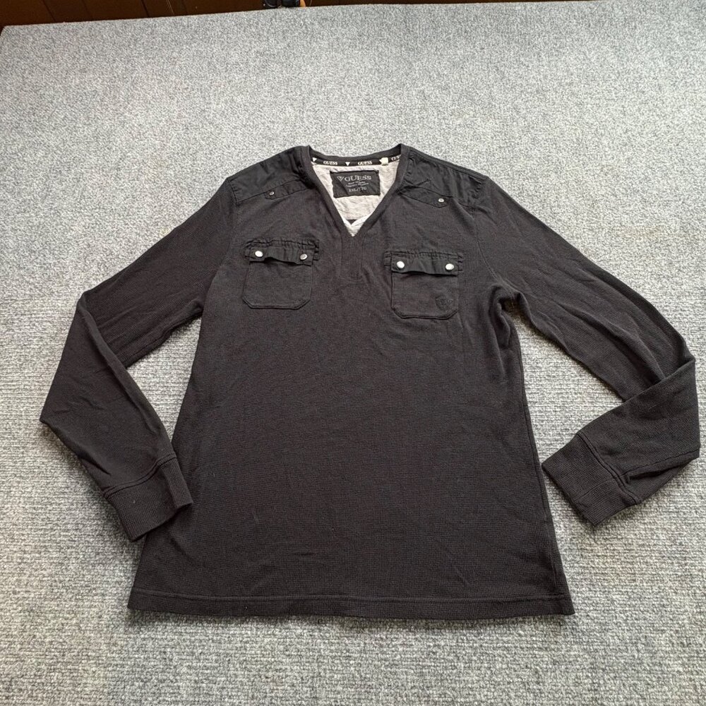 Guess‎ Shirt Mens XXL Black Long Sleeve V-Neck Waffle Knit Henley Runs Small